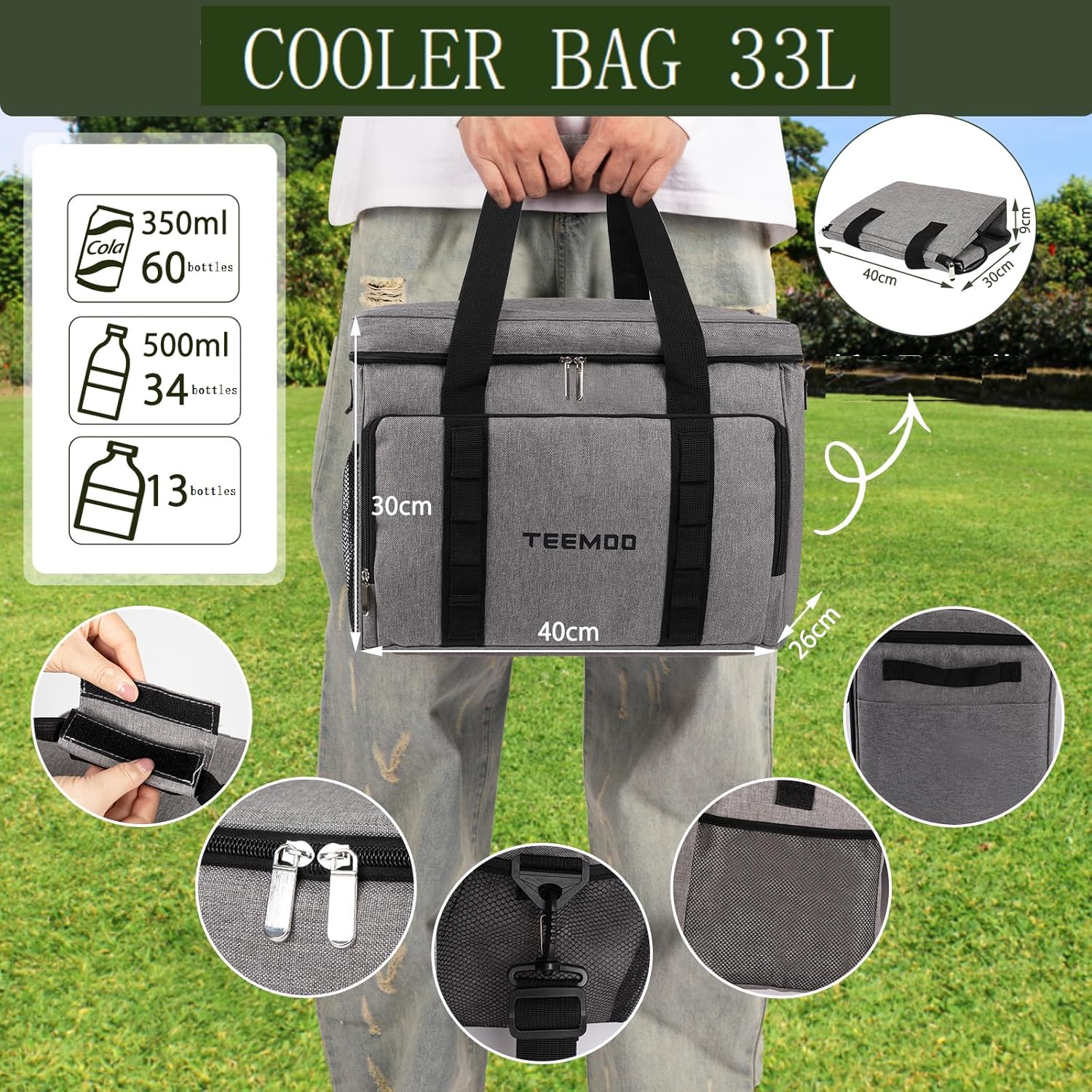 teemoo Large Soft Collapsible Cooler Bag 33L Leakproof, Portable, Grey NEW - Image 2