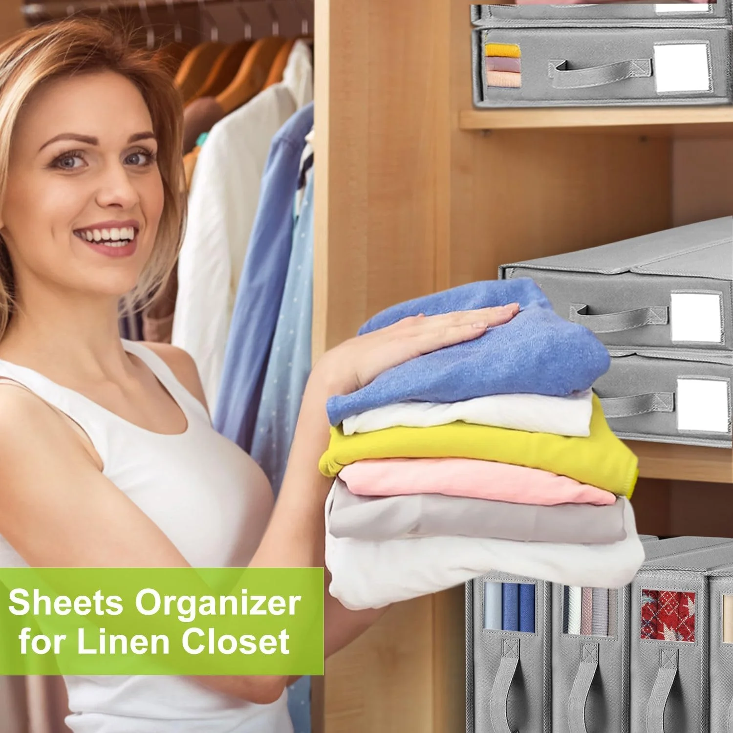 Heyolo 4Pk Foldable Bed Sheet Organizer & Storage Baskets in Grey for Home NEW - Image 7