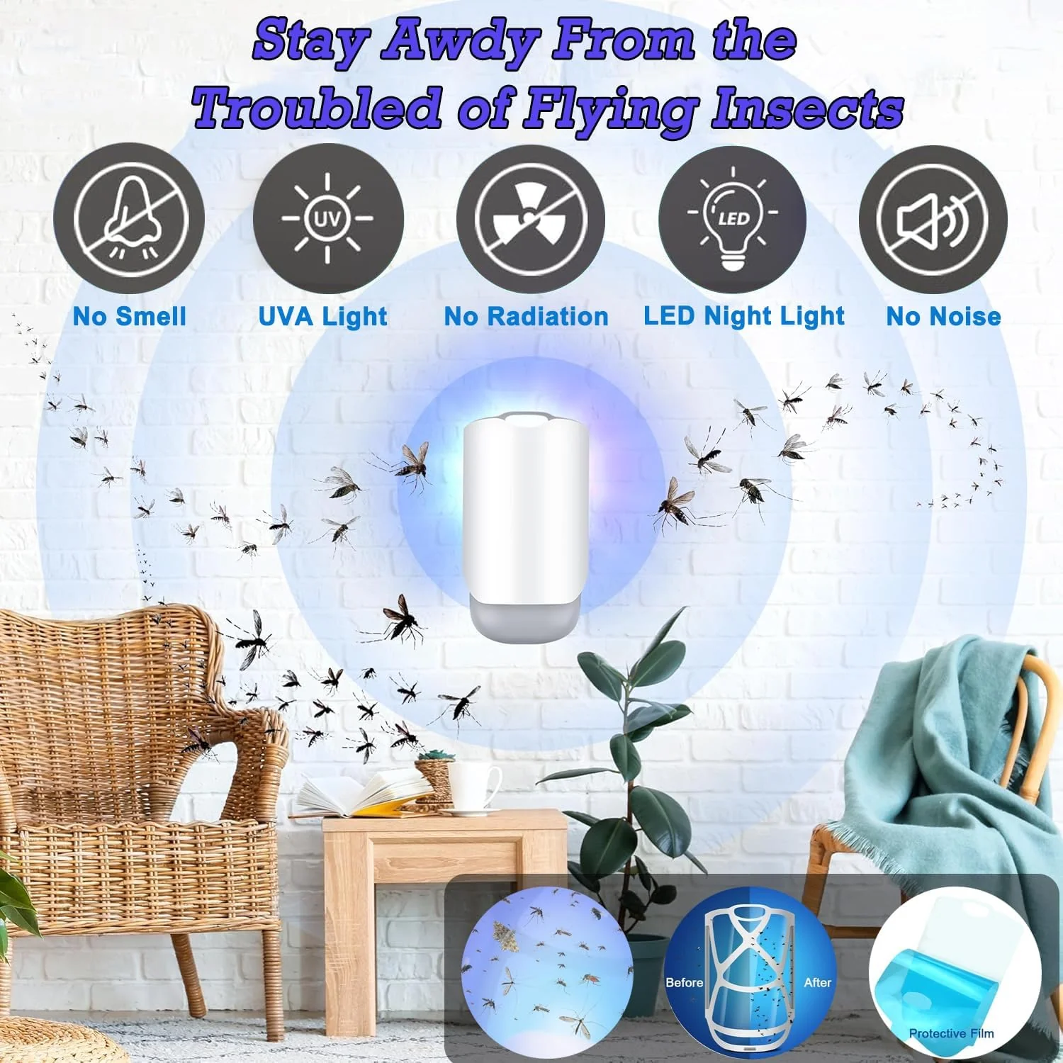 wakouter Plug-in Traps Fly Trap Bug Zapper with Night Light UV Attraction NEW - Image 6