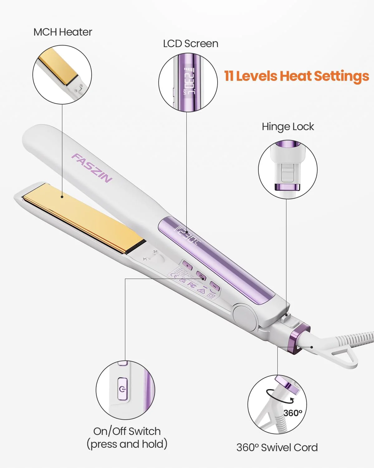 Faszin Hair Straighteners Titanium Flat Iron with Negative Ions White Size NEW - Image 7