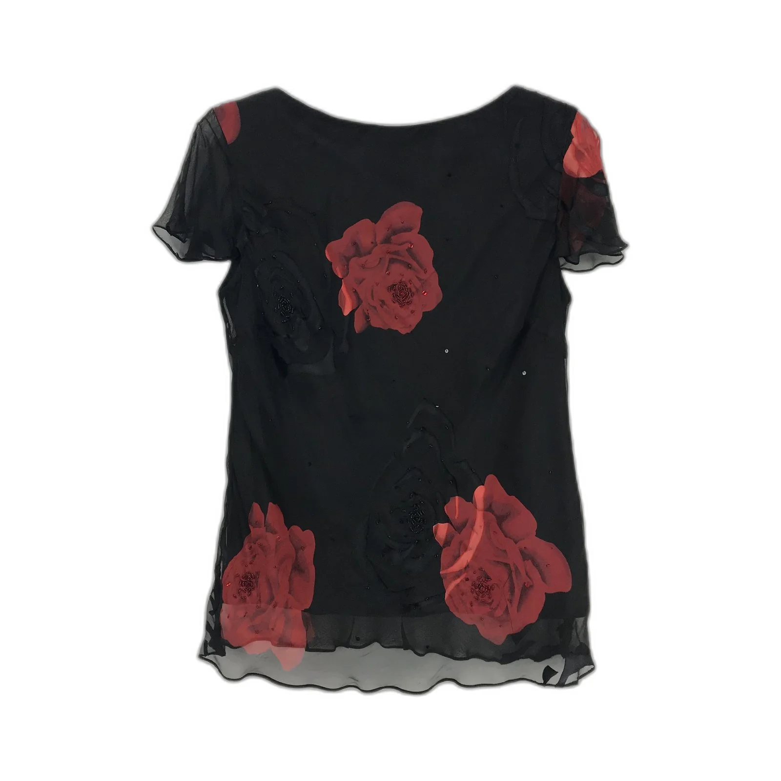 Monti Silk Blouse with Red Roses Beaded Sequins Ruffle Women's Size 12 - Image 2