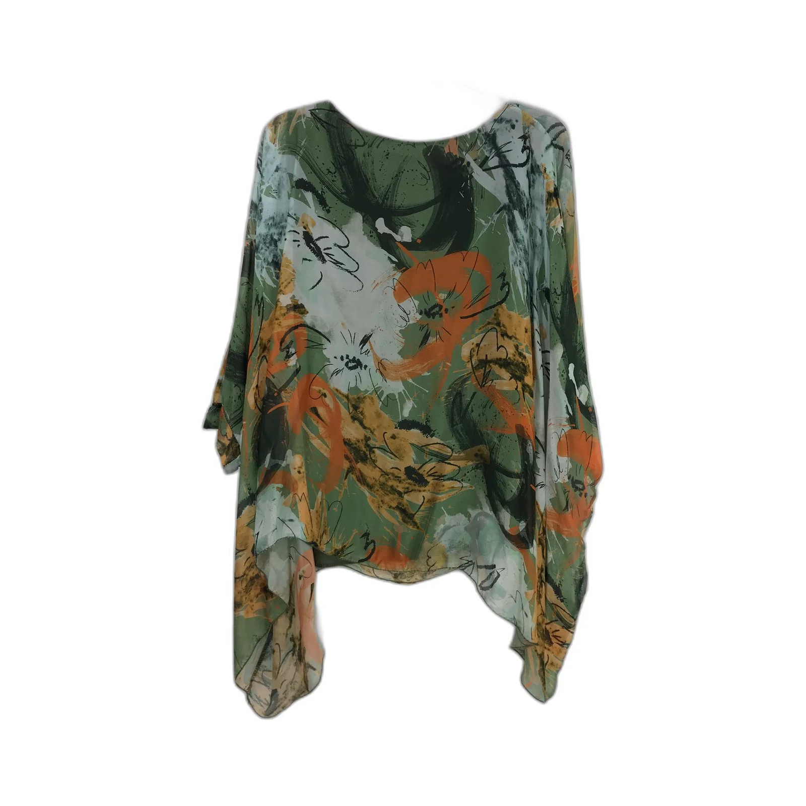 Floral Print Sheer Silk Blouse Green Orange Made In Italy Tank Top Underlay Size M
