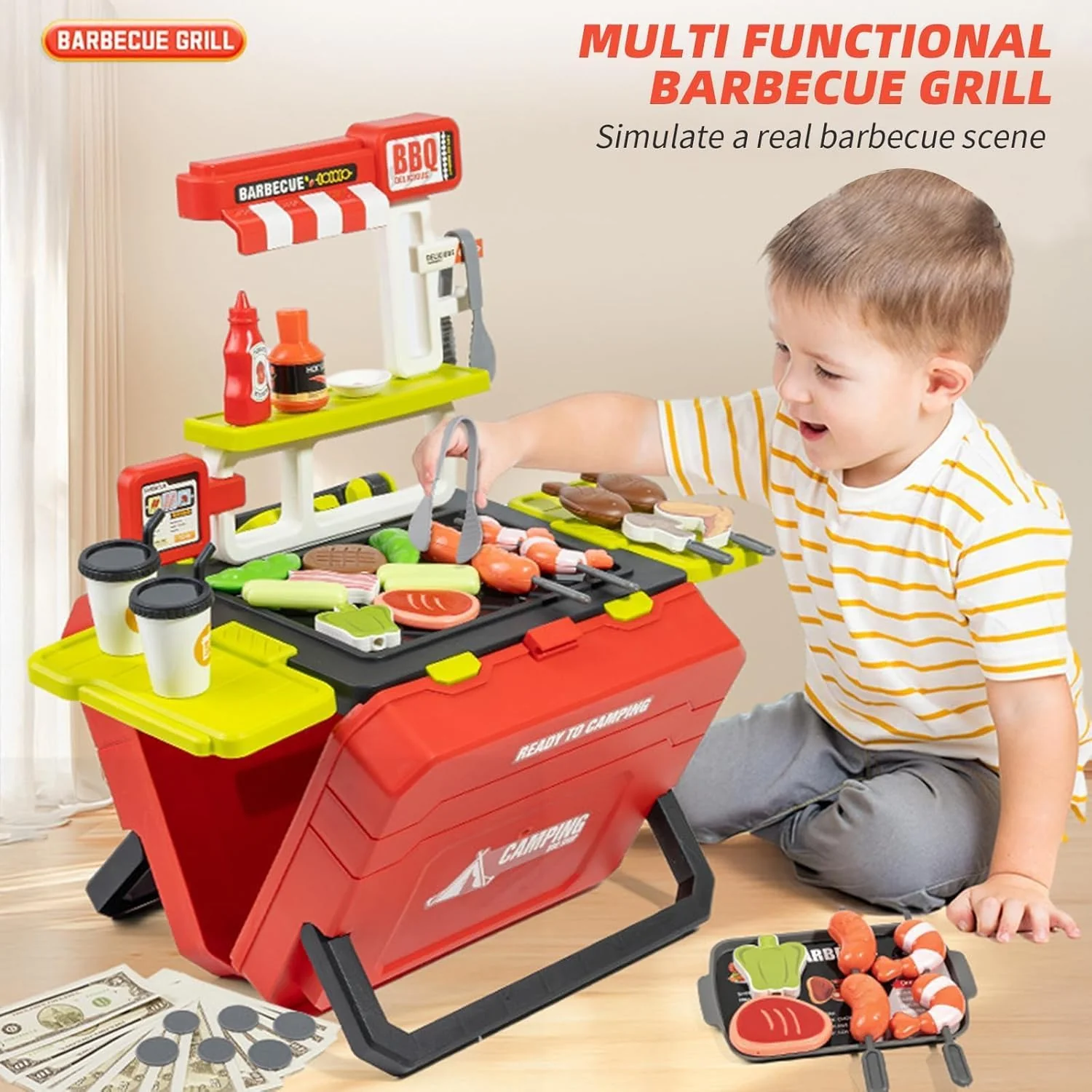 HUAJUN Kids Play Kitchen Toys 51 Piece Cookware Playset BBQ Grill Set Red NEW - Image 2