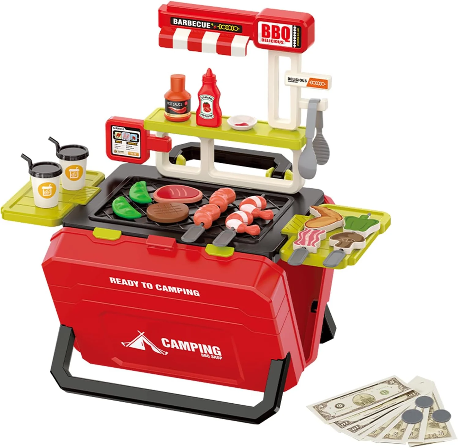 HUAJUN Kids Play Kitchen Toys 51 Piece Cookware Playset BBQ Grill Set Red NEW - Image 4