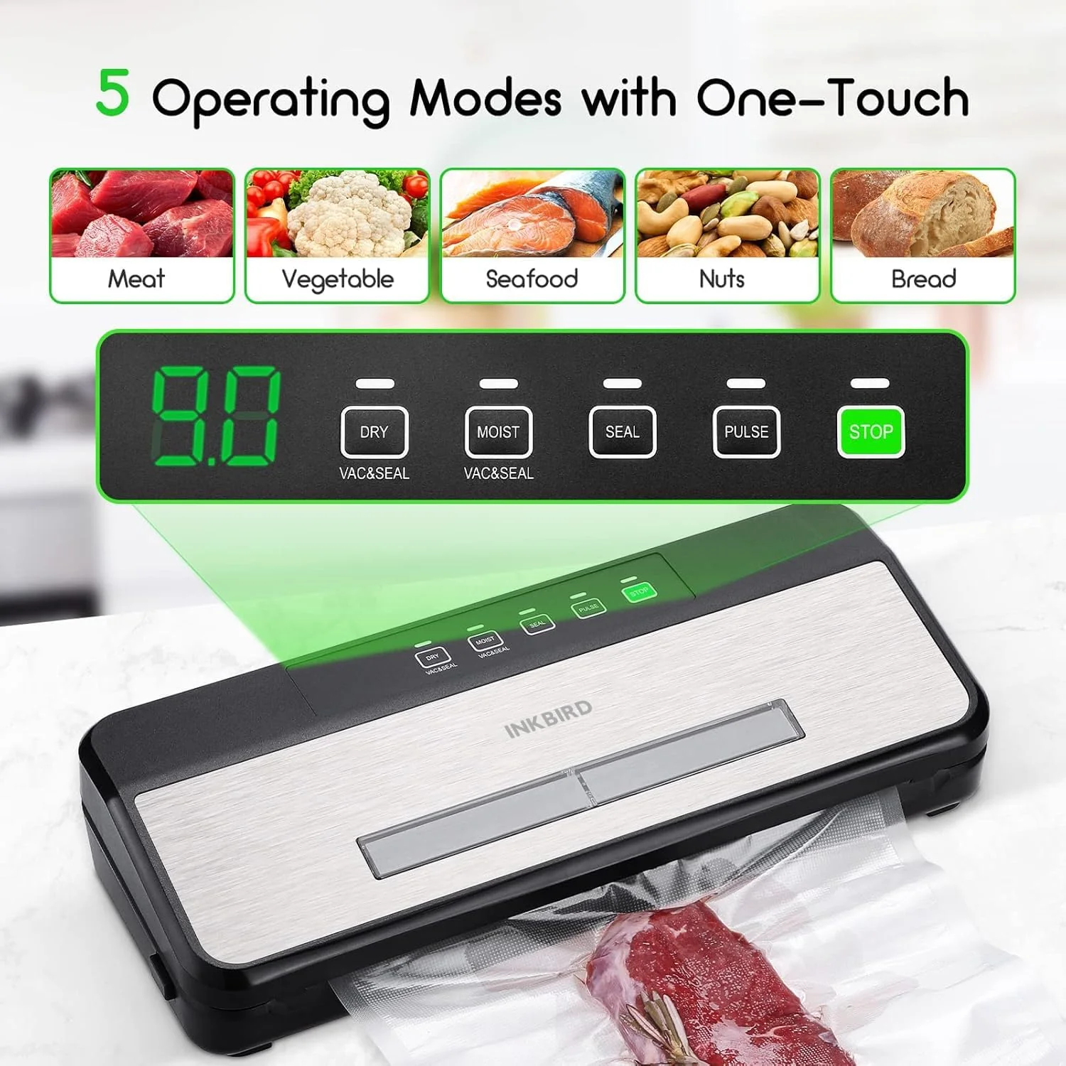 Inkbird Food Vacuum Sealer Machine Sealing Time Display Strong Suction Black NEW - Image 2