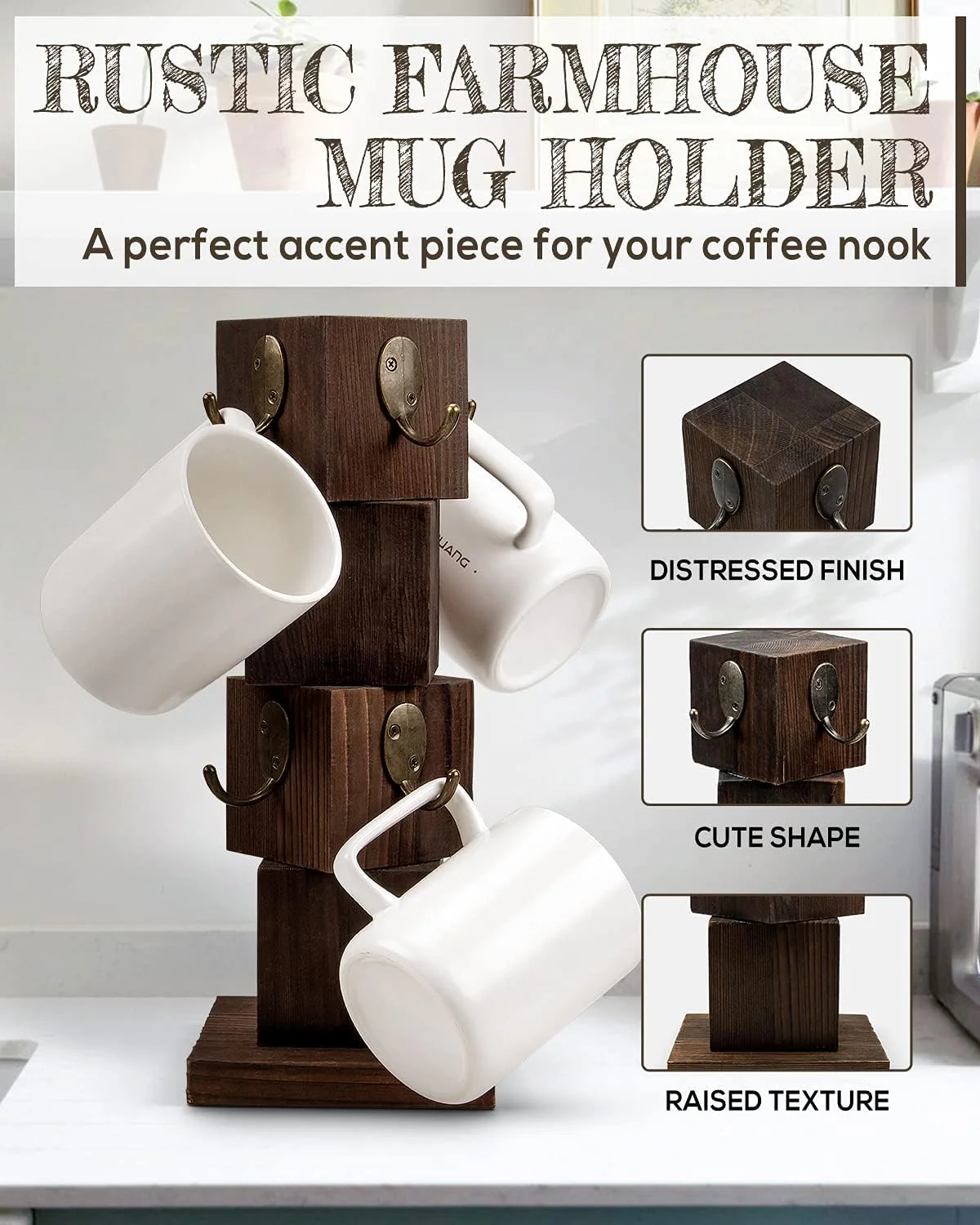 PUERSI Rustic Solid Wood Mug Tree Farmhouse Style Coffee Holder Organizer NEW - Image 3