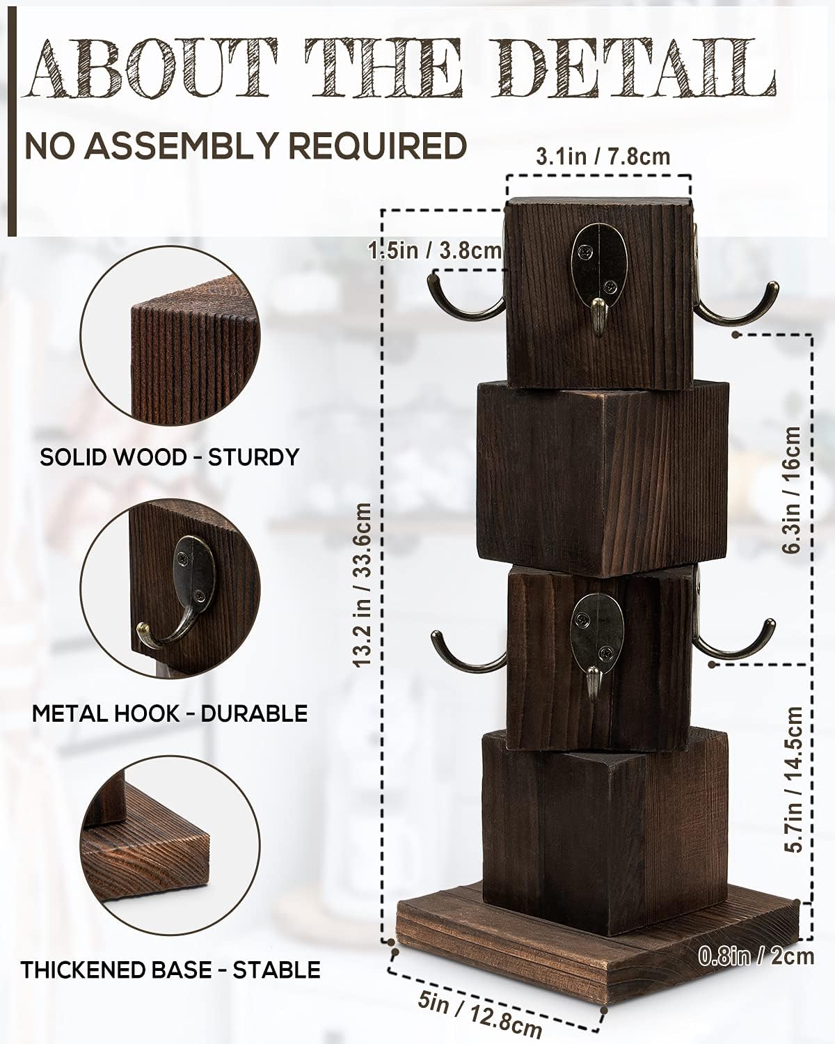 PUERSI Rustic Solid Wood Mug Tree Farmhouse Style Coffee Holder Organizer NEW - Image 4