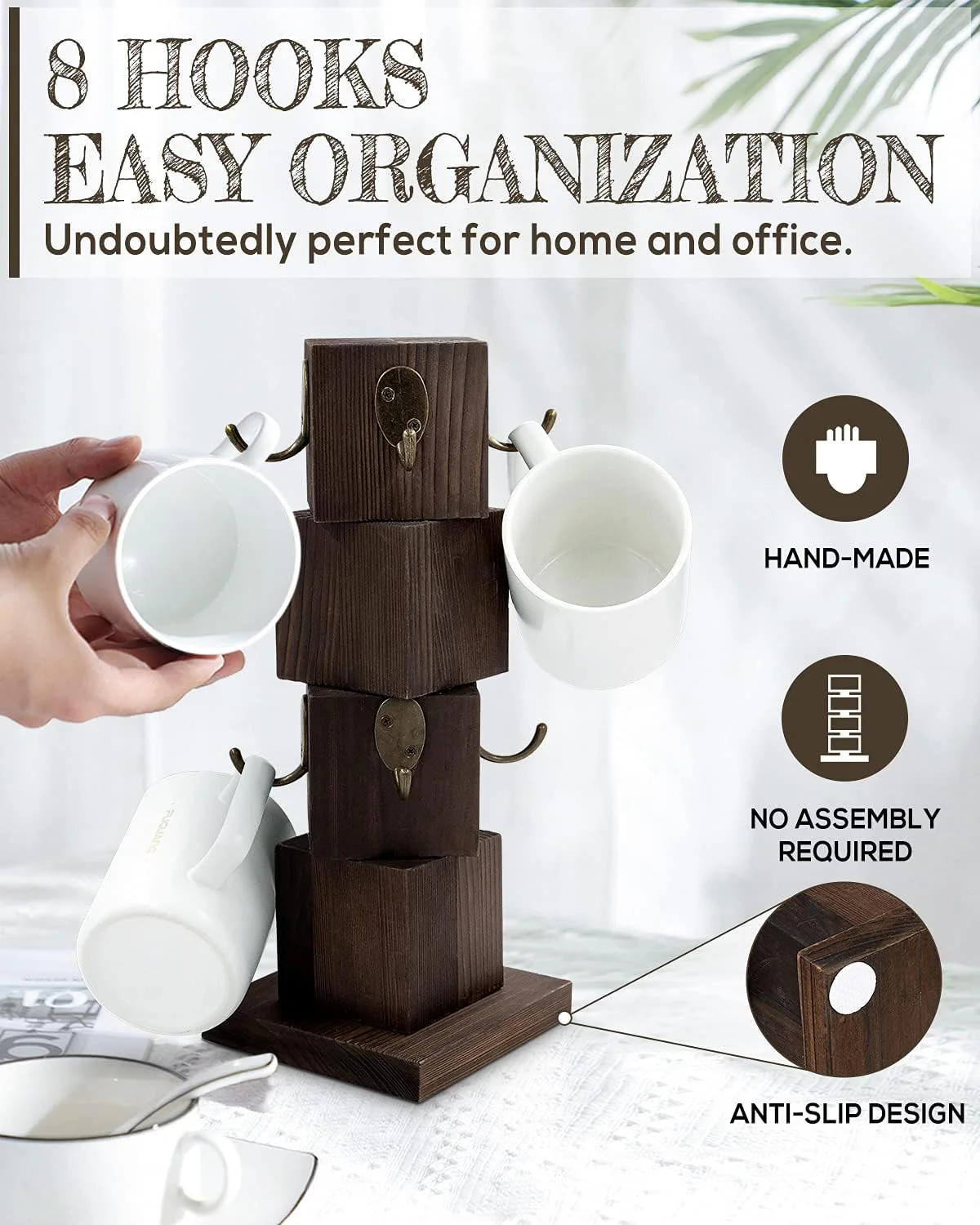 PUERSI Rustic Solid Wood Mug Tree Farmhouse Style Coffee Holder Organizer NEW - Image 5