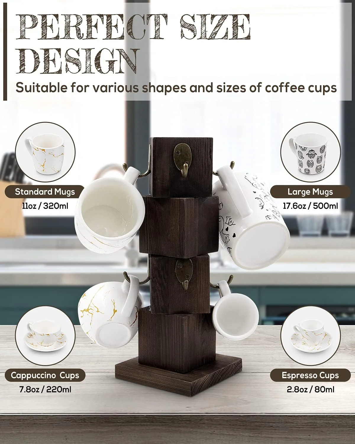 PUERSI Rustic Solid Wood Mug Tree Farmhouse Style Coffee Holder Organizer NEW - Image 6