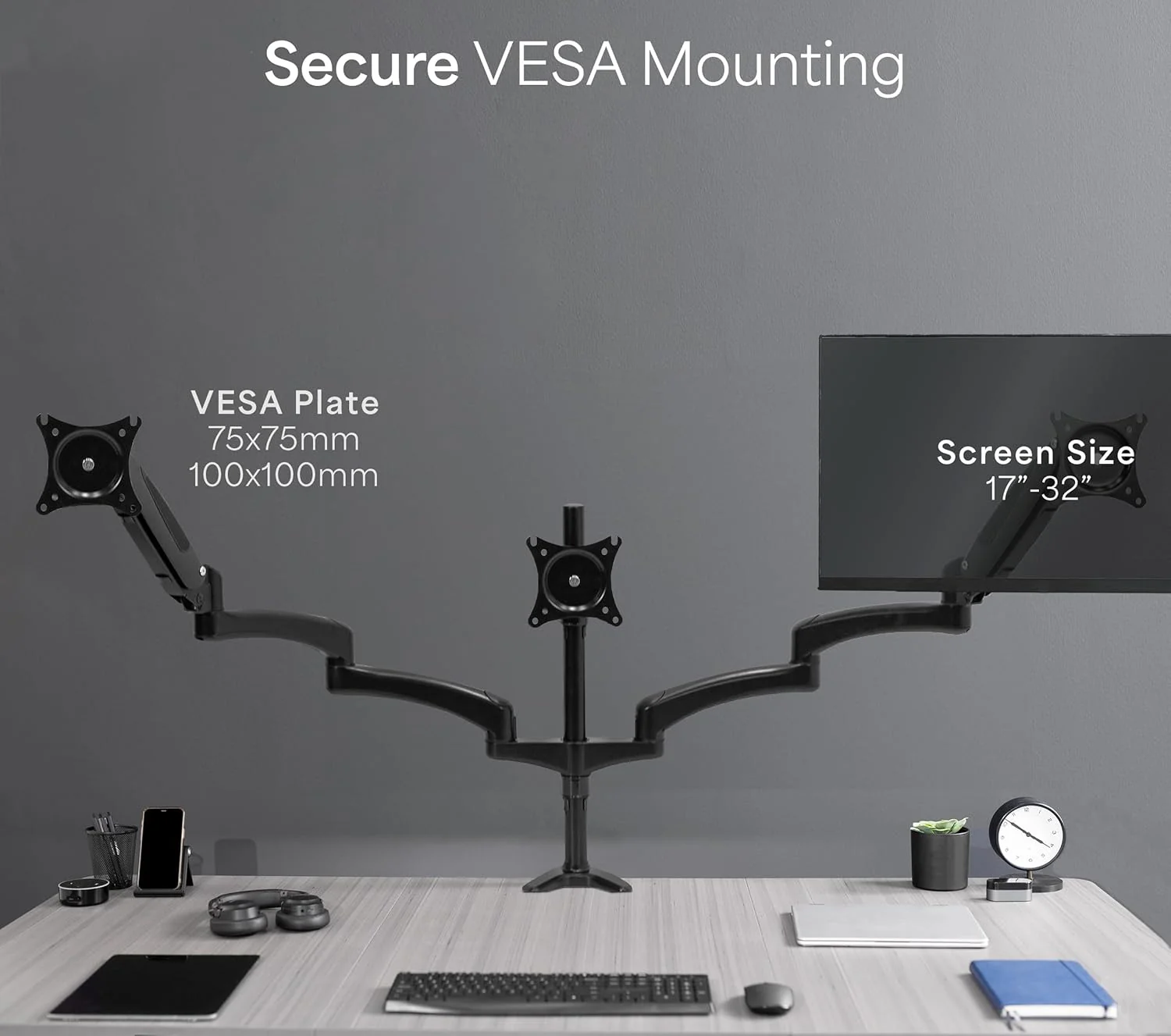 VIVO Triple Monitor Height Adjustable Desk Mount 2 Pneumatic Arms 1 Fixed NEW - Image 5