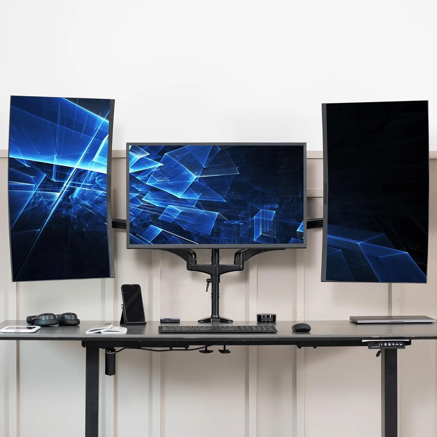 VIVO Triple Monitor Height Adjustable Desk Mount 2 Pneumatic Arms 1 Fixed NEW - Image 8