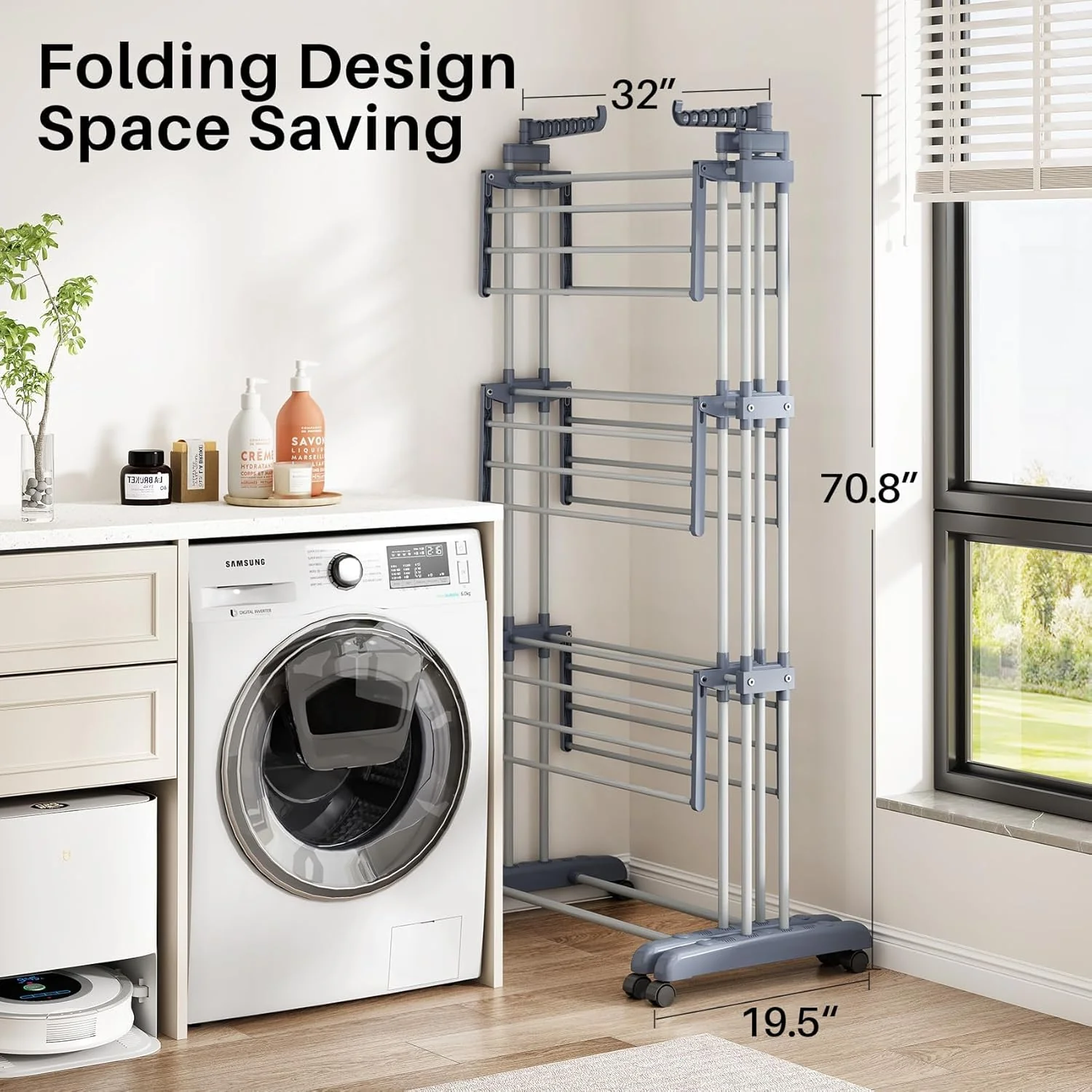LYCENXI Foldable Coat Racks & Adjustable Clothes Drying Rack, Grey 30" to DEMO - Image 3