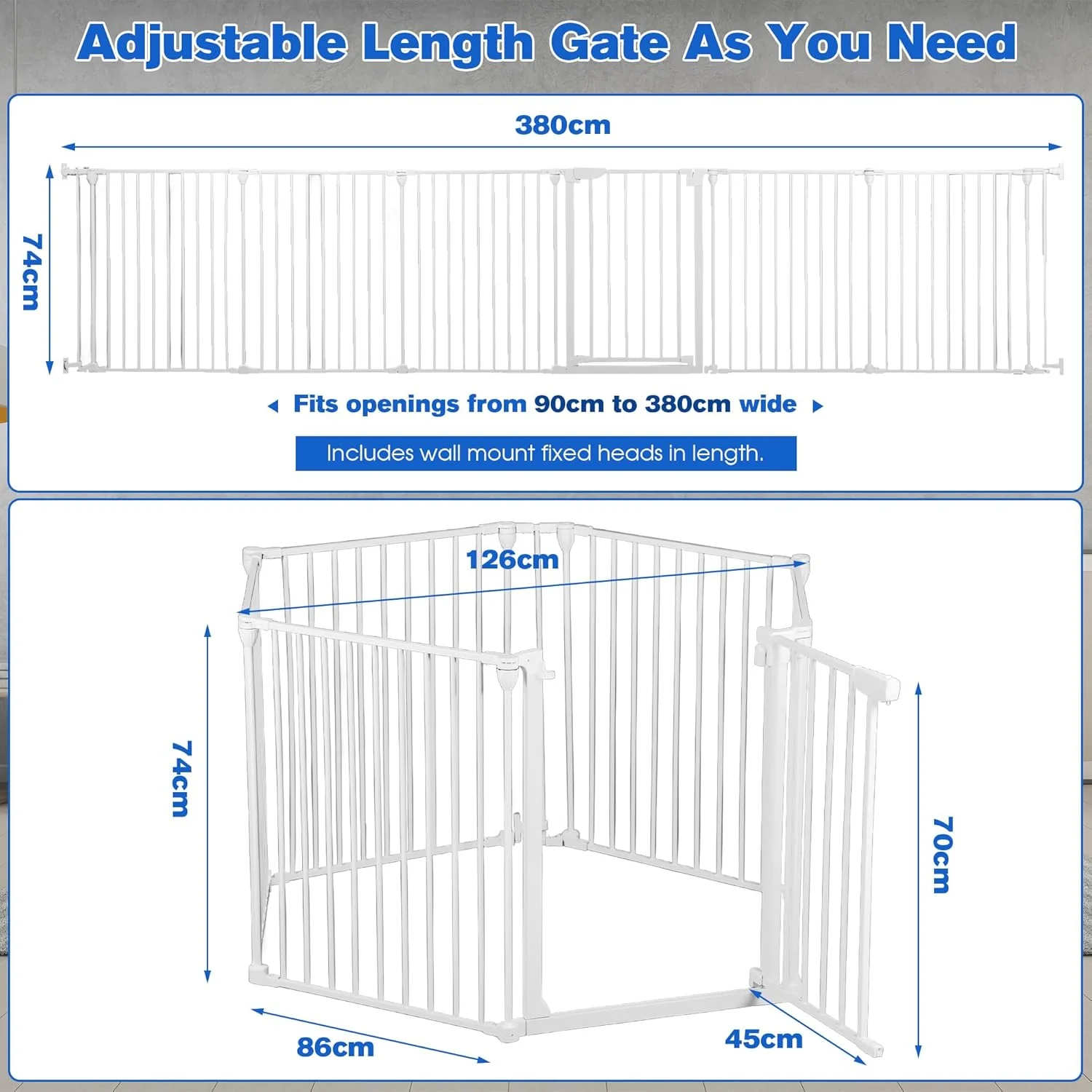 ADVWIN Adjustable Extra Wide Metal Dog Gate with Door, 90-380cm, White NEW - Image 8