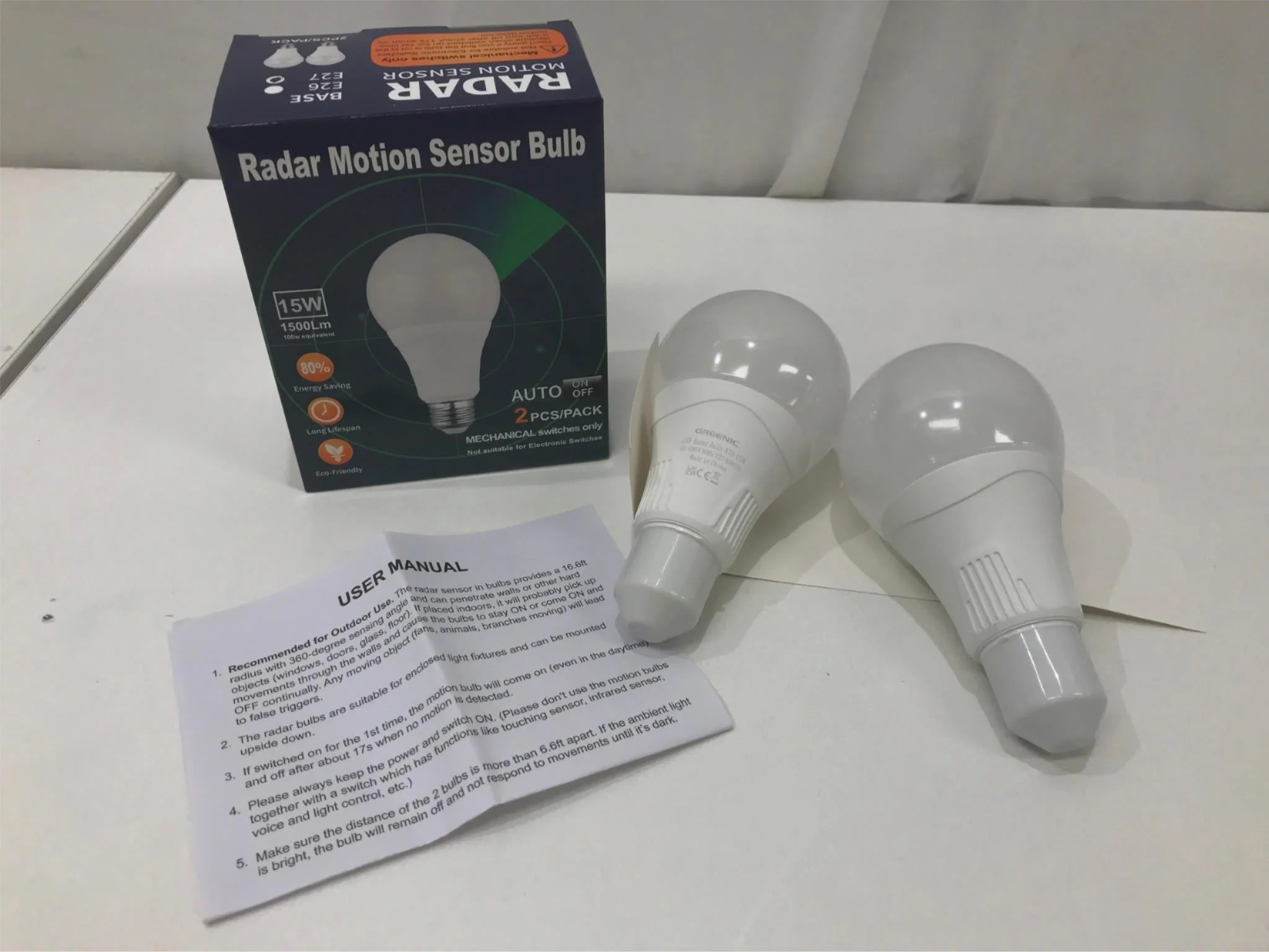 Greenic 2Pcs Led Radar Motion Sensor Bulb E27 15W Mechanical Switch NEW - Image 6