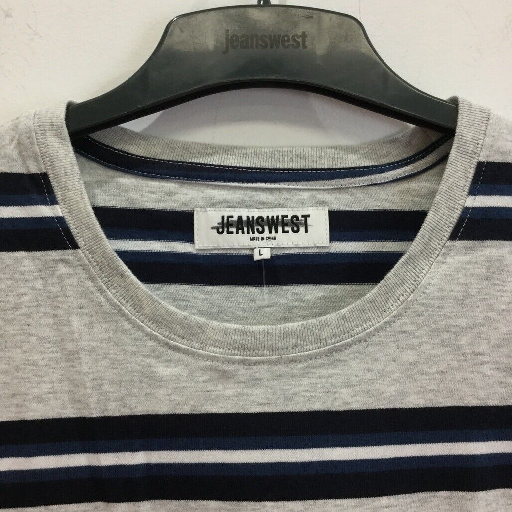 Jeanswest Grey w/ Navy & White Stripes Short Sleeve T-Shirt Mens Sz L NEW - Image 3