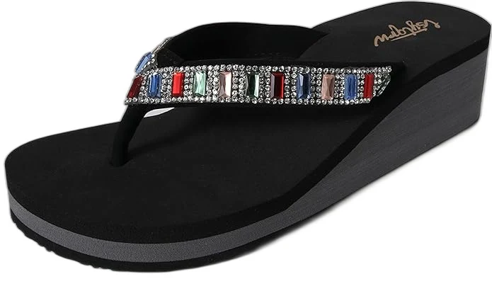 Lsytqrw Wedge Sandals Women Thong Bling Rhinestones US 7 Black NEW