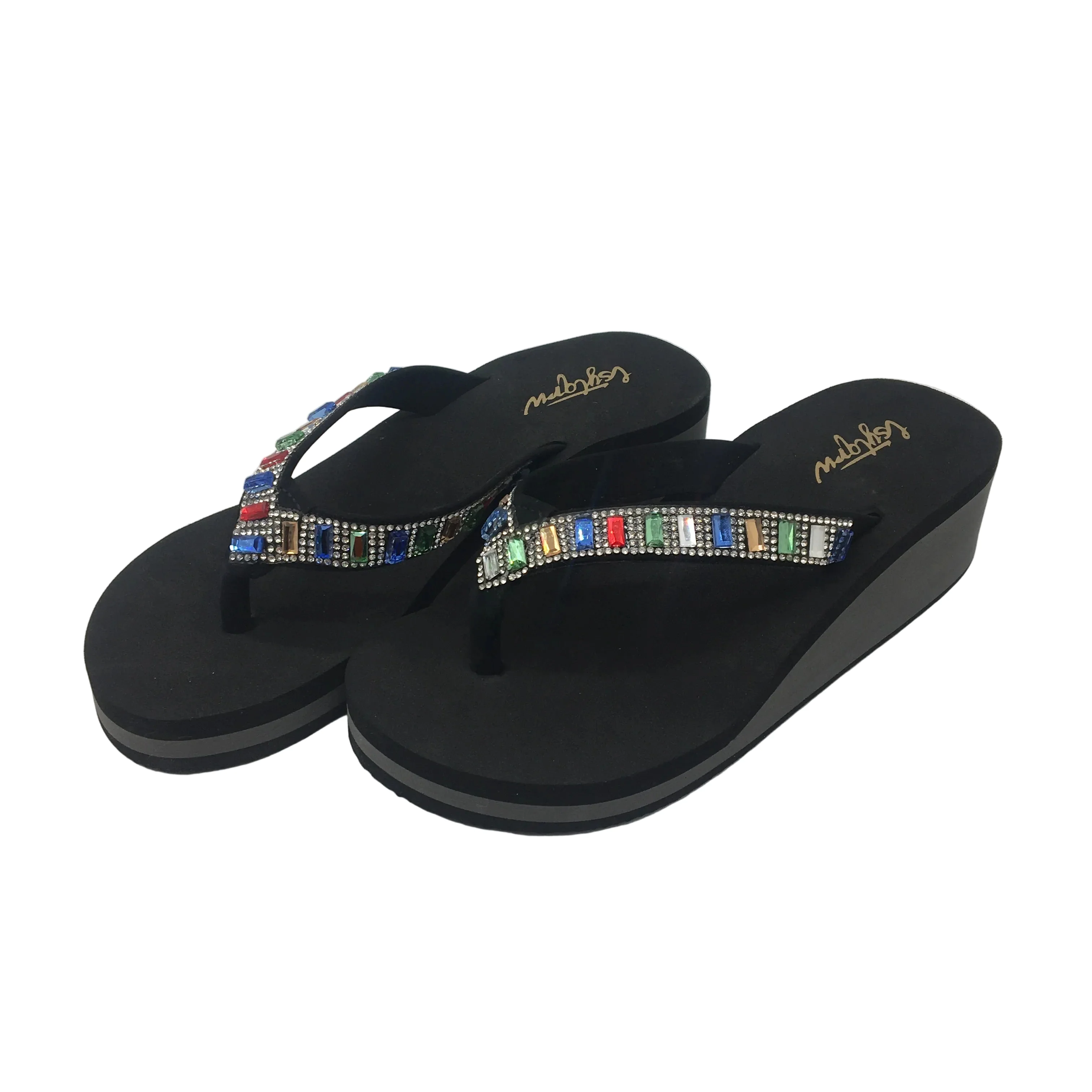 Lsytqrw Wedge Sandals Women Thong Bling Rhinestones US 7 Black NEW - Image 2