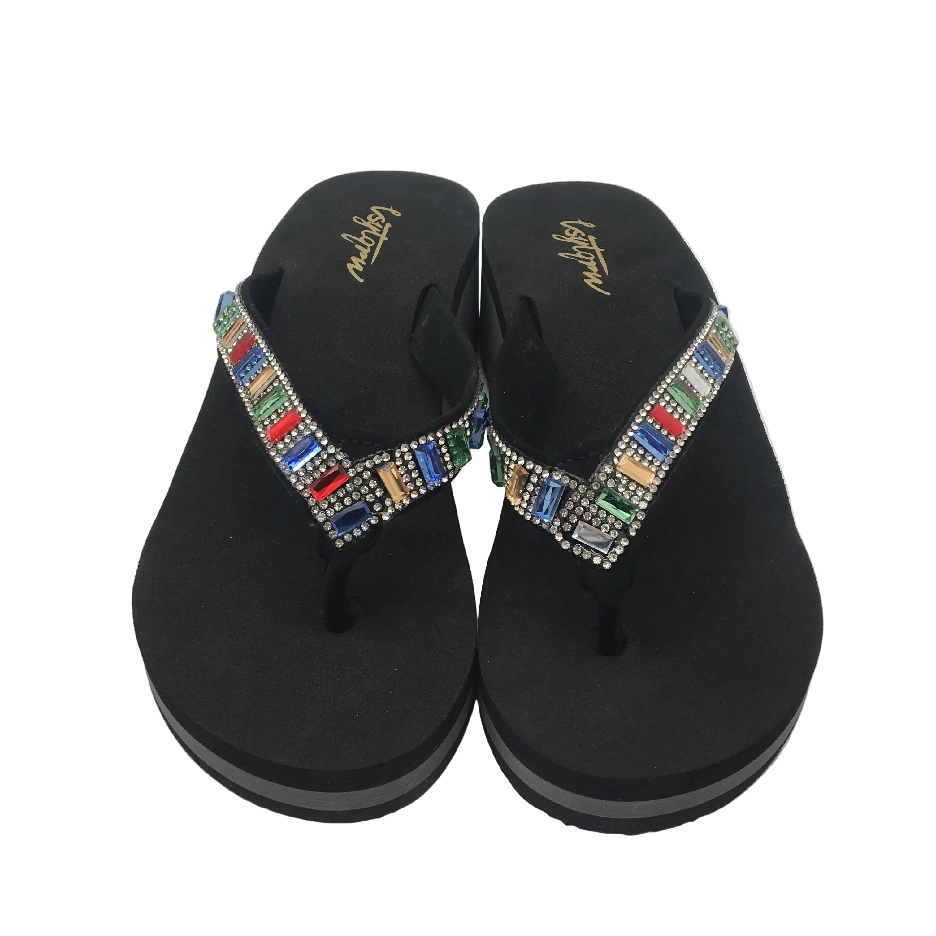 Lsytqrw Wedge Sandals Women Thong Bling Rhinestones US 7 Black NEW - Image 3
