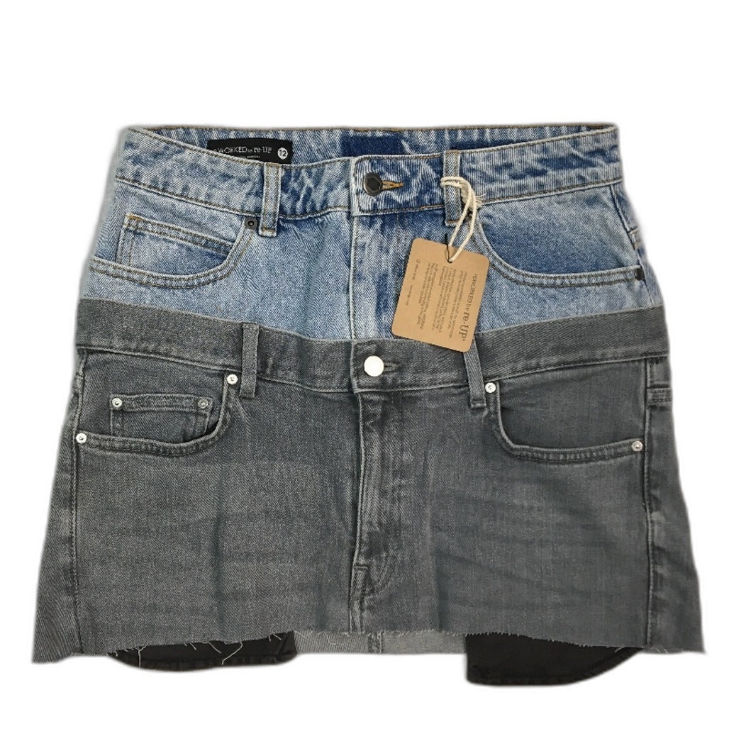 reWORKED re-UP Handcrafted Upcycled Fabrics Denim Veronica Mini Skirt Sz 12