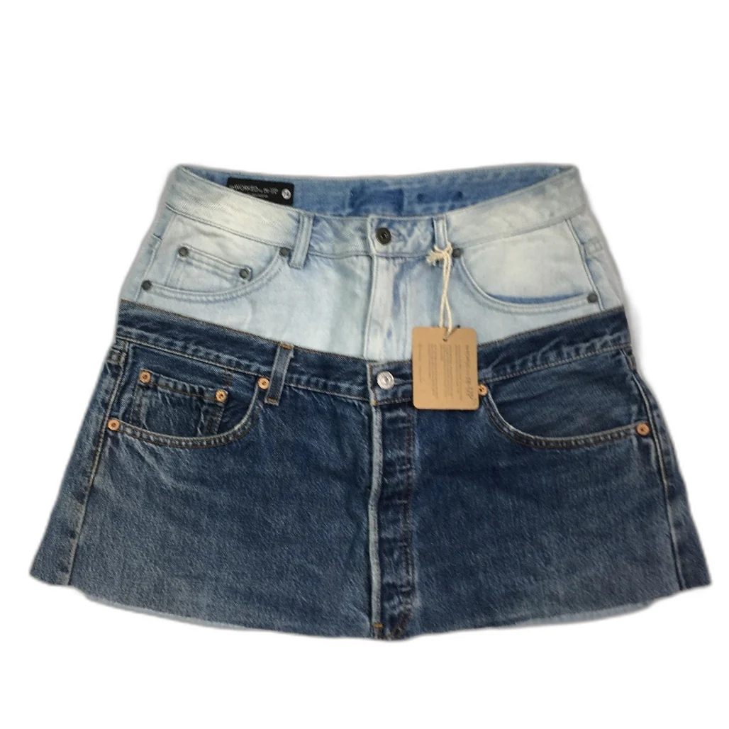 reWORKED re-UP Handcrafted Upcycled Fabrics Denim Veronica Mini Skirt Sz 14