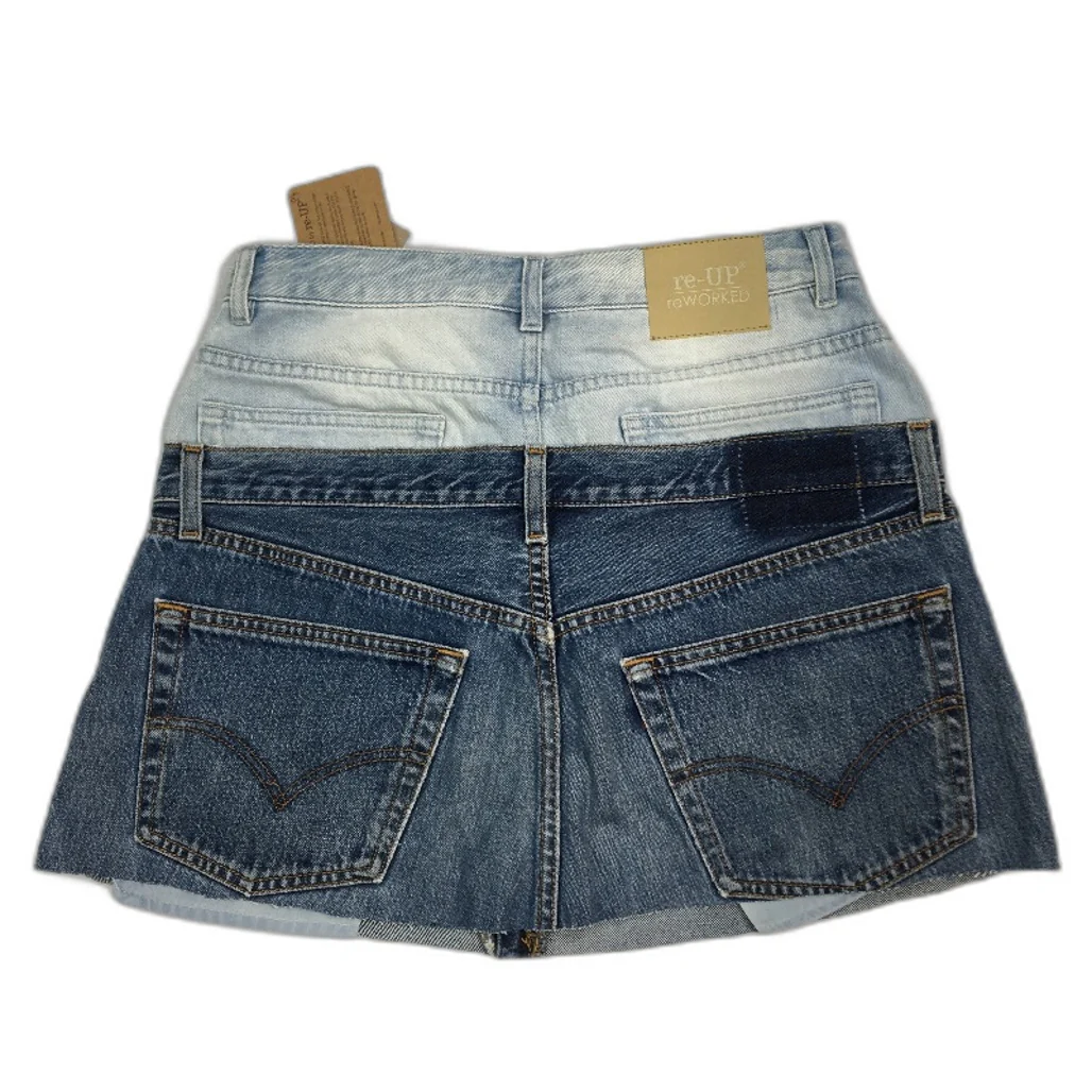 reWORKED re-UP Handcrafted Upcycled Fabrics Denim Veronica Mini Skirt Sz 14 - Image 2