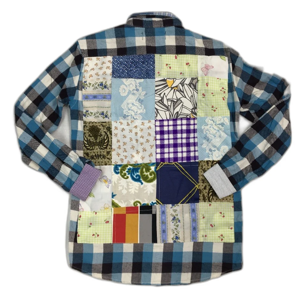 reWORKED re-UP Handcrafted Upcycled Fabrics Blue Check Flannel Shirt Size S - Image 2