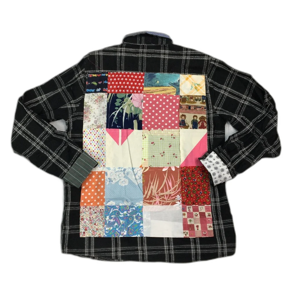 reWORKED re-UP Handcrafted Upcycled Fabrics Black Patched Flannel Shirt Sz M - Image 2
