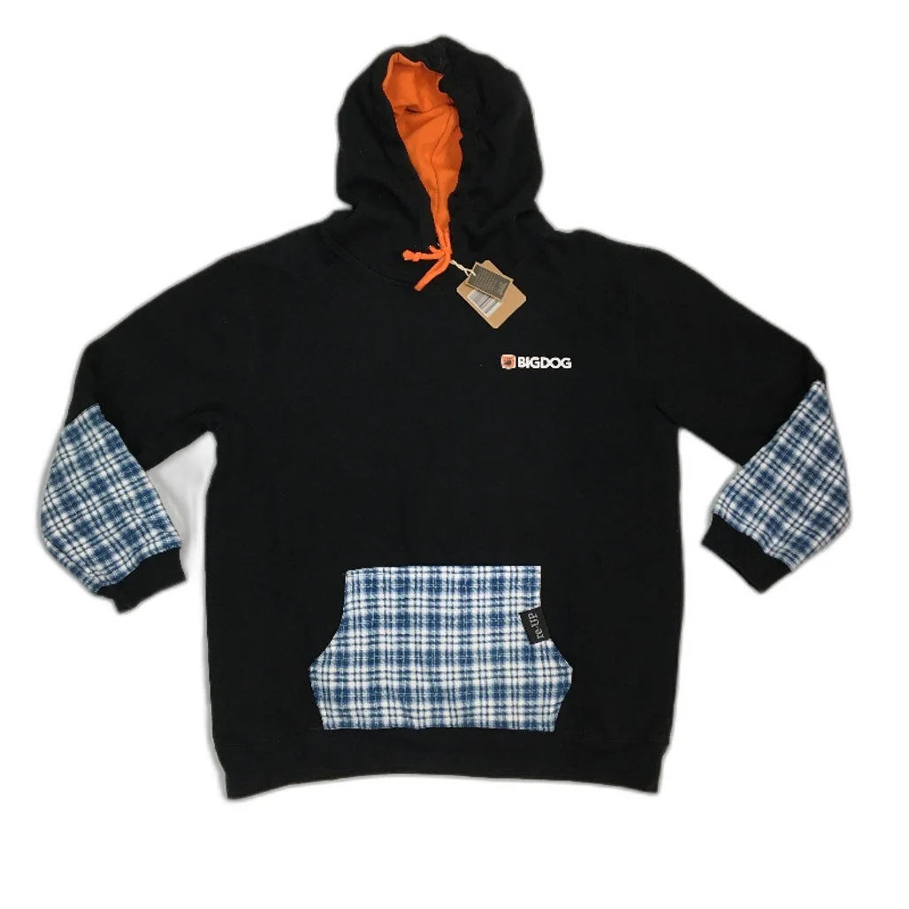 reWORKED re-UP Handcrafted Upcycled Fabrics Black Blue Hoodie Jumper Size XL