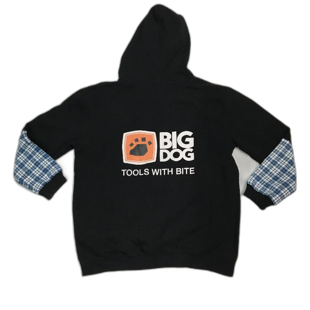 reWORKED re-UP Handcrafted Upcycled Fabrics Black Blue Hoodie Jumper Size XL - Image 2