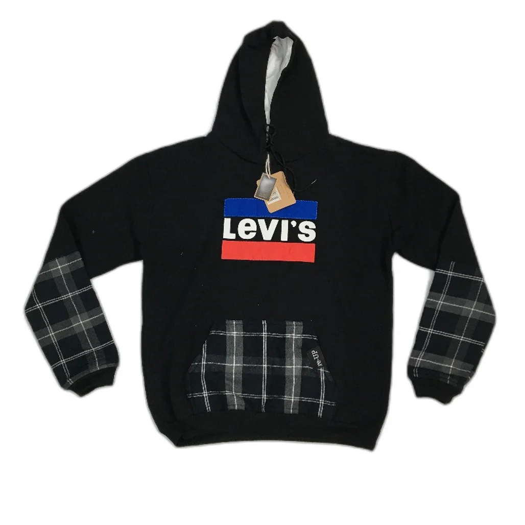 reWORKED re-UP Handcrafted Upcycled Fabrics Black Check Hoodie Jumper Size L