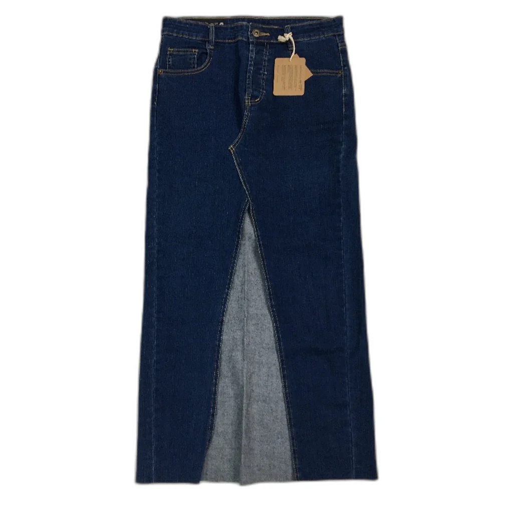 reWORKED re-UP Handcrafted Upcycled Fabrics Dk Blue Denim Ramona Skirt Sz 10