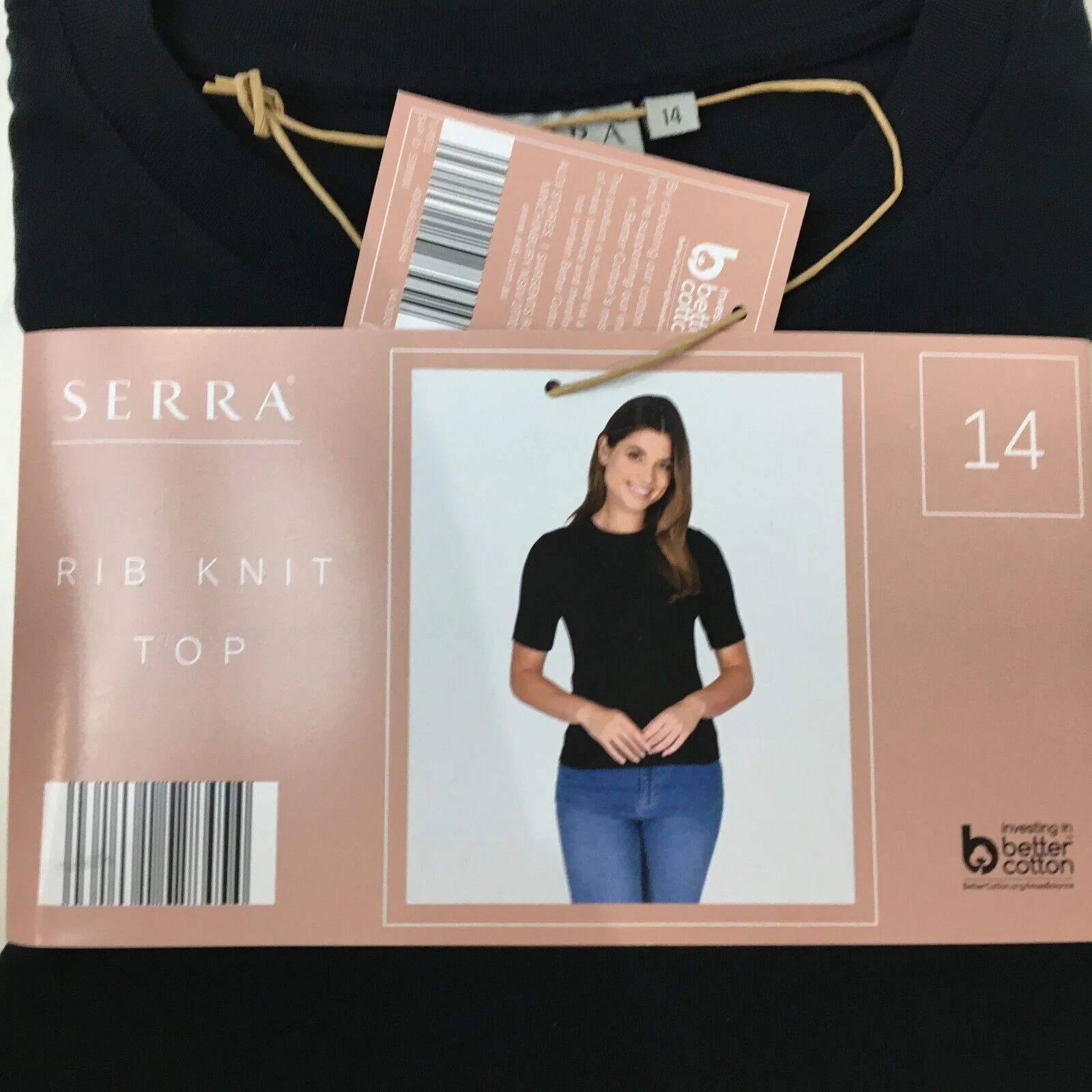 Serra Women Cotton Blended Black Rib Knit Top Short Sleeve Size 14 NEW - Image 2