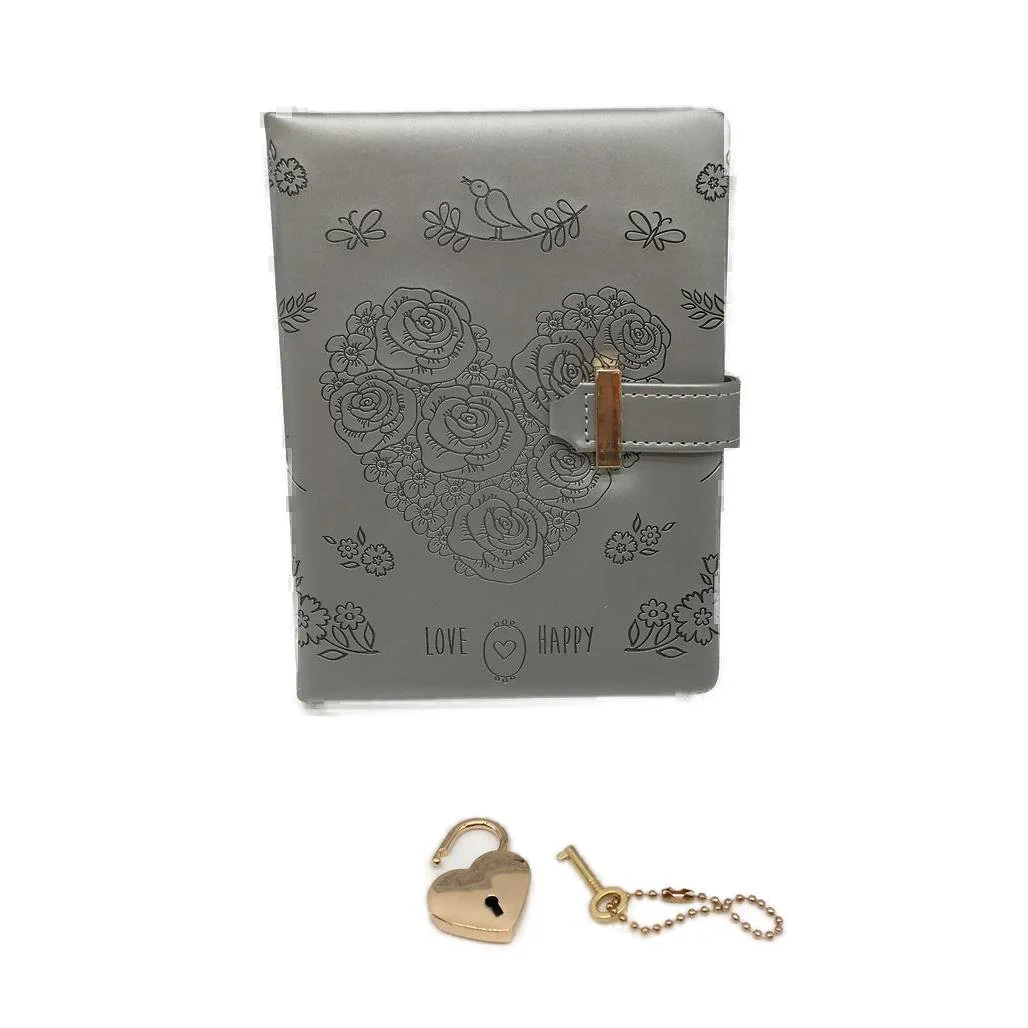 Silver Floral PU Leather Journal Undated Diary with Heart Lock & Key NEW - Image 2