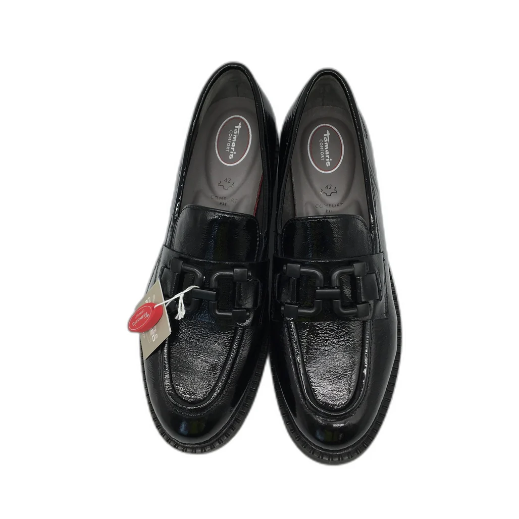 Tamaris Comfort Glossy Leather Wedge Heel Loafer Black Ladies Size US 10 NEW - Image 5