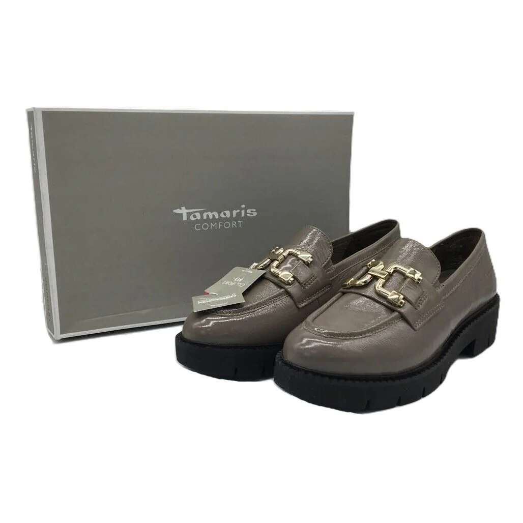 Tamaris Comfort Glossy Leather Wedge Heel Loafer Taupe Ladies Size US 10 NEW - Image 2