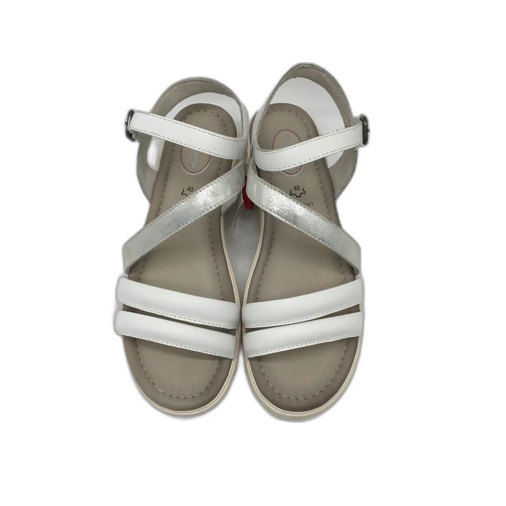 Tamaris Comfort Strappy Wedge Leather Sandals White/Silver Ladies Sz US 8.5 NEW - Image 4