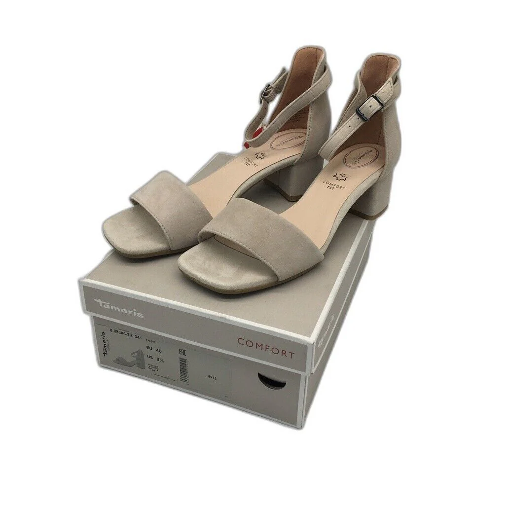 Tamaris Comfort Suede Leather Heeled Sandals Taupe Ladies Size EU 40 US 8.5 NEW - Image 2
