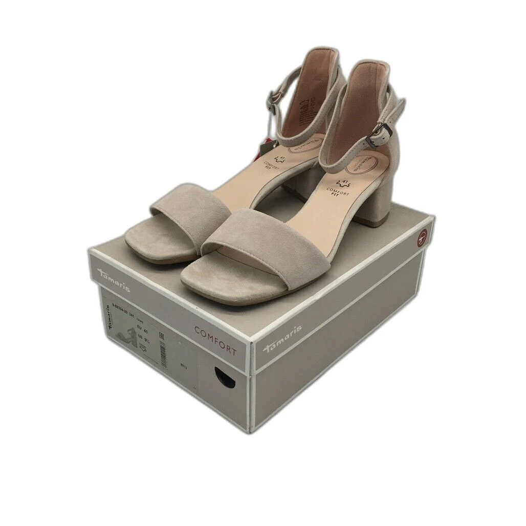 Tamaris Comfort Suede Leather Heeled Sandals Taupe Ladies Size EU 41 US 9.5 NEW - Image 2