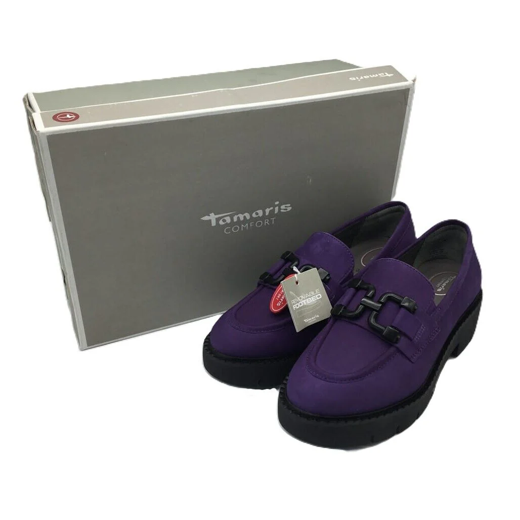 Tamaris Comfort Suede Leather Wedge Heel Loafer Purple Ladies Size US 7 NEW - Image 6