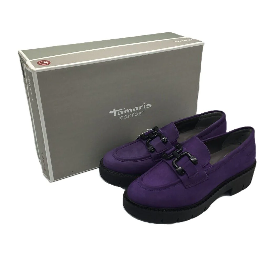 Tamaris Comfort Suede Leather Wedge Heel Loafer Purple Ladies Size US 8 NEW - Image 6