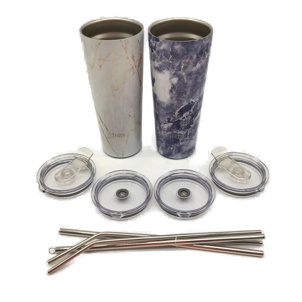 Thily 2 Piece Stainless Steel Gold & Blue Marble 780ml Travel Tumblers NEW - Image 5