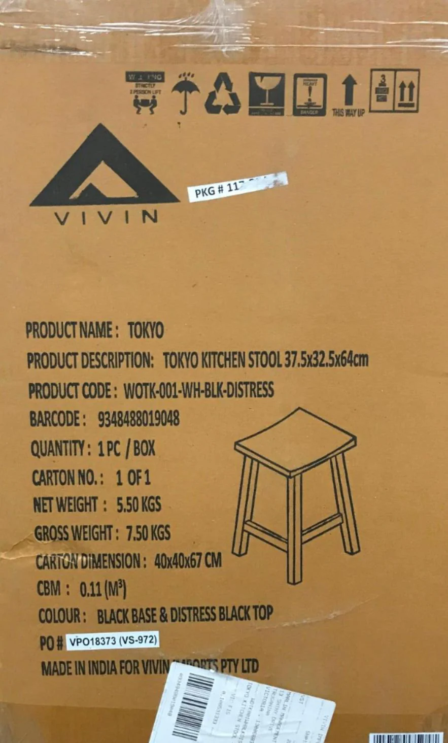 Vivin Black Tokyo Kitchen Stool Mango Wood Hardwood 37.5X32.5X64cm NEW - Image 4
